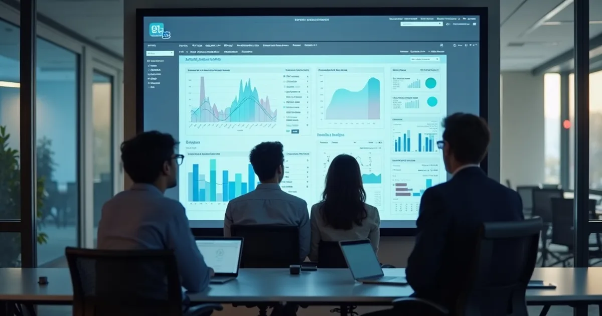 Équipe e-commerce analysant un tableau de bord d'analytics de recherche sur un grand écran